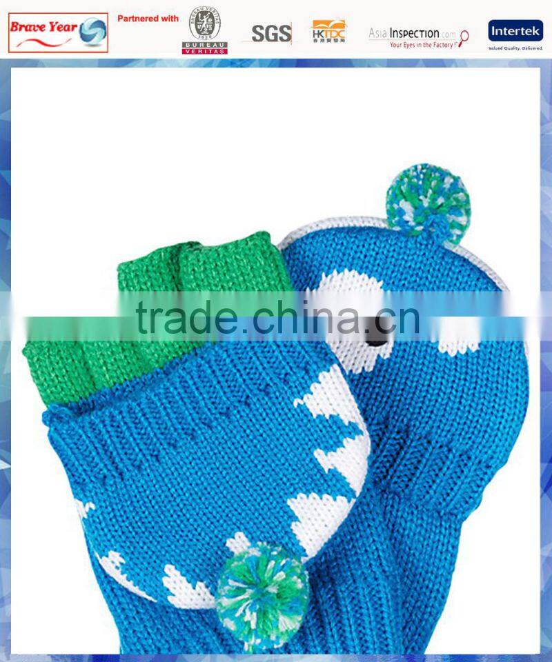 100% acrylic monster knitted Flip Gloves with cute pom for boys