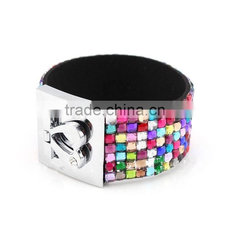Fashion New 7 Row Crystal Rhinestone Bracelet Bling Cuff with Cute Silver Hear Clasp 11color
