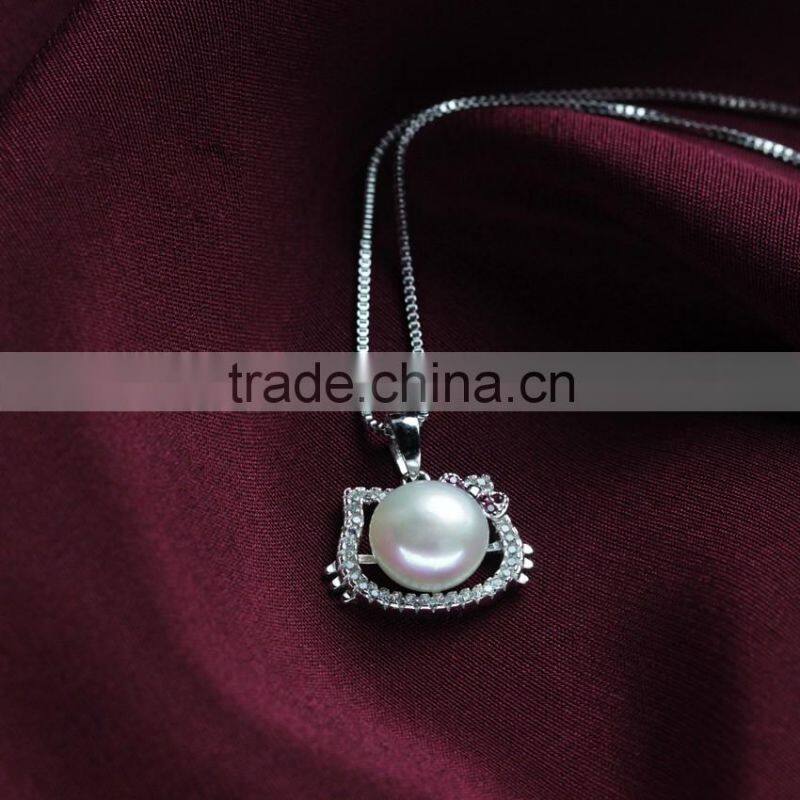 9-10mm AAA button 925 silver cat shaped animal print pearl pendant