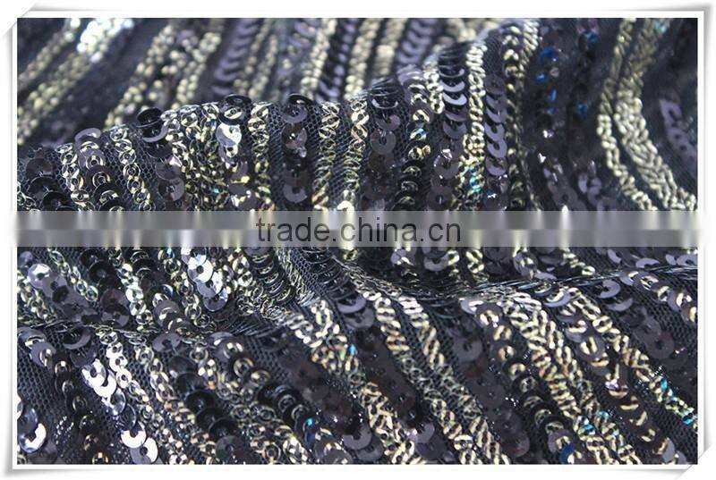 Latest design wave pattern fashion sequin fabric, wholesale sequin mesh fabric / stretch sequin embroidered fabric