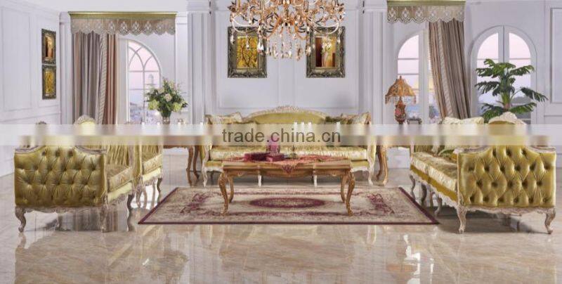 Classic European style antique finishing solid wood living furniture fabric sofa set