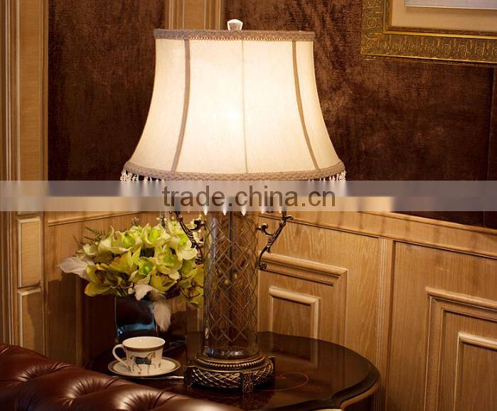 Dark brown cylindrical glass lamp body metal bottom table lamp with fabric lampshade