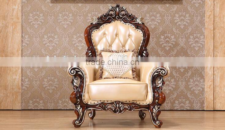 Neoclassical solid wood living room furniture genuine leather 1+2+3 sofa set