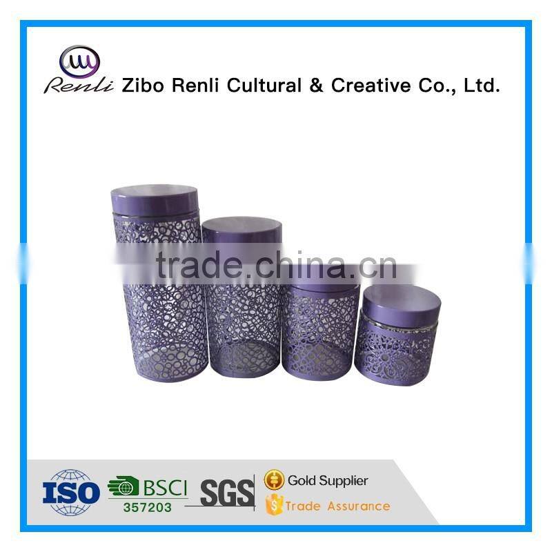 4 Pieces Unique Purple Metal Coated Glass Kitchen Canisters Set With Screw Top Lid