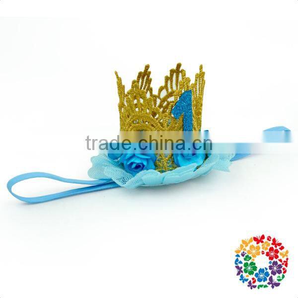 Baby 1 Year Birthday Crown Headband Nylon Headbands Baby Girl Party Headwear Wholesale Price