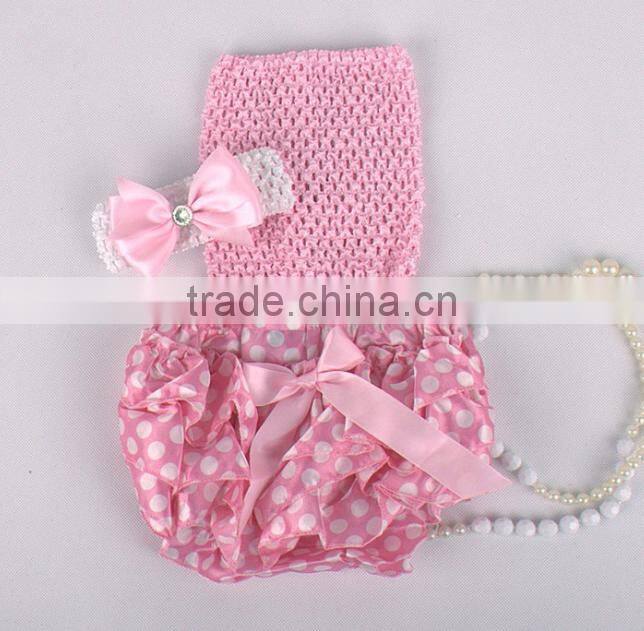 Hot sell Adorable baby diaper and crochet tube top3 sets , satin baby bloomers, baby ruffle bloomers