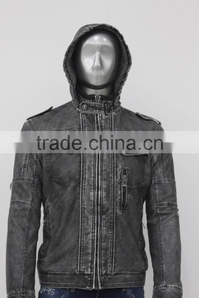2014 Europe Style Fashion Men Hot Sale PU Leather Hood Jacket