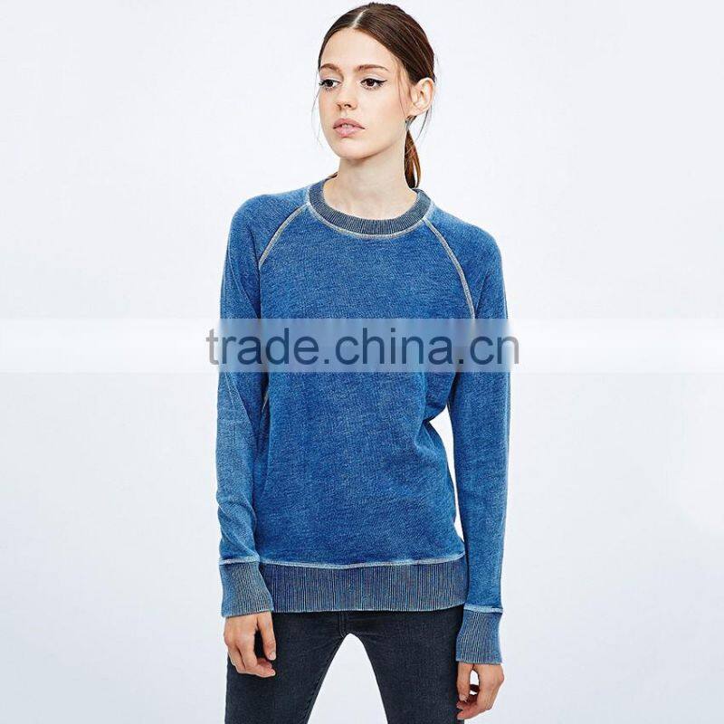 Custom top stitch sweatshirts, cotton acid vintage wash french terry blank wholesale plain crewneck raglan sweatshirt women