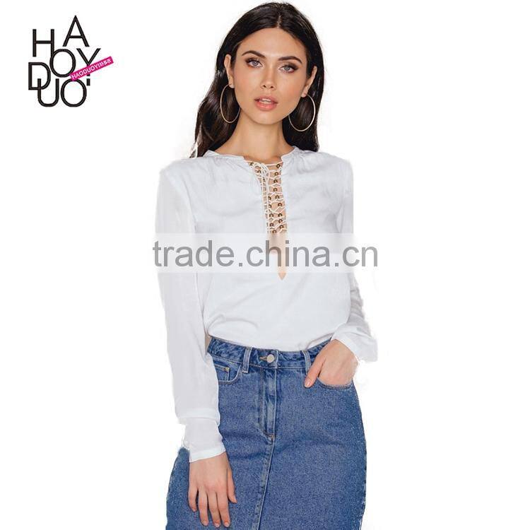 HAODUOYI Fashion White Women Blouse Cross Lace-up Bead Deep V-neck Hollow Out Sexy Long Sleeve Female Top for Wholesale