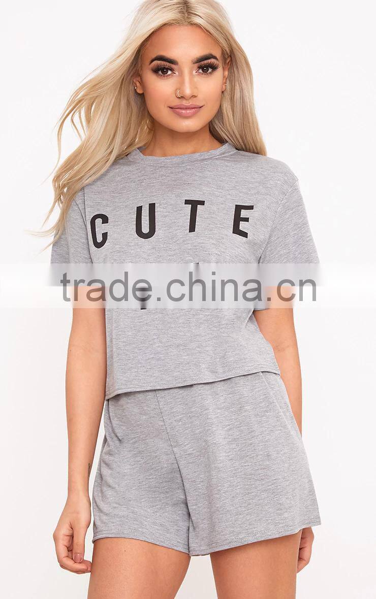Cheap Price Custom Logo Print Ladies Pajamas Short Pyjama Summer Grey Loungwear Set