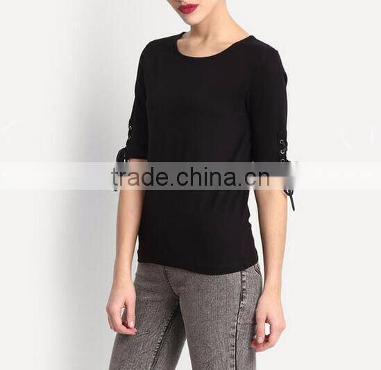 OEM lady blank t-shirt women tie up sleeve t shirt with wholesale price china