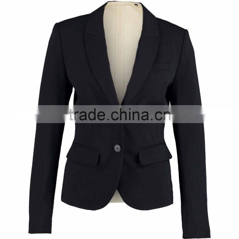 2017 New Design Slim Fitted Black Polyester Pinstripe Blazer for Ladies