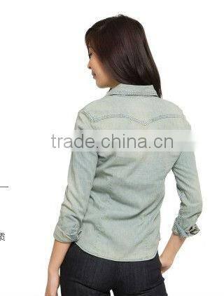2016 fashion slim fit long sleeves washed denim shirt for girls with two pockets on the chest