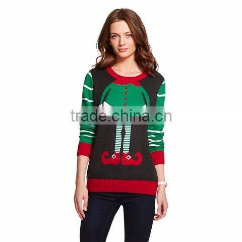 Jacquard Pattern Stripe Sleeve Cotton Knitwear Women Christmas Jumper Sweater