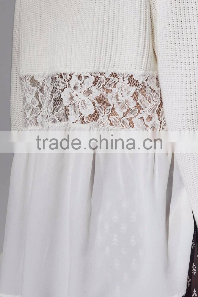 Fashion Women Knit Top Sweater With Lace Trim Pullover