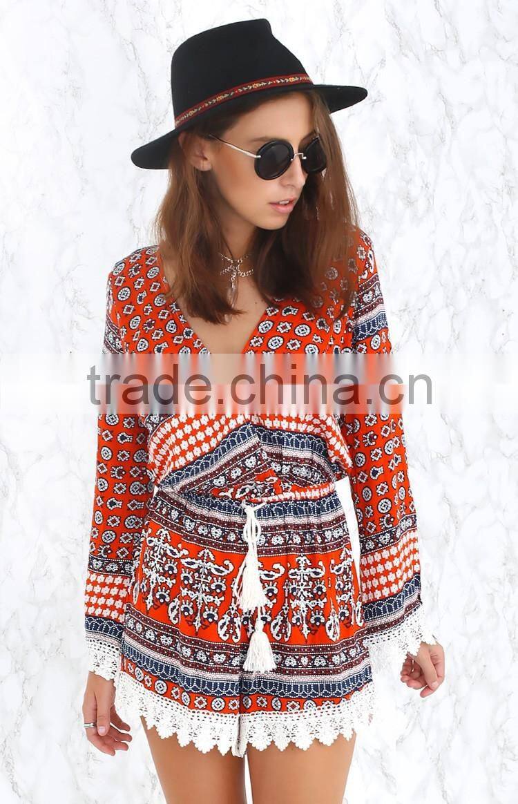 lace hem decorate printing long sleeve jumpsuits for women 2015