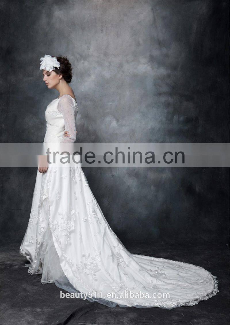 A-line Scoop Neck Satin Over Net With Embroidery bridal dress Lace With Crystal 3/4 sleeve Wedding Dress AS29402
