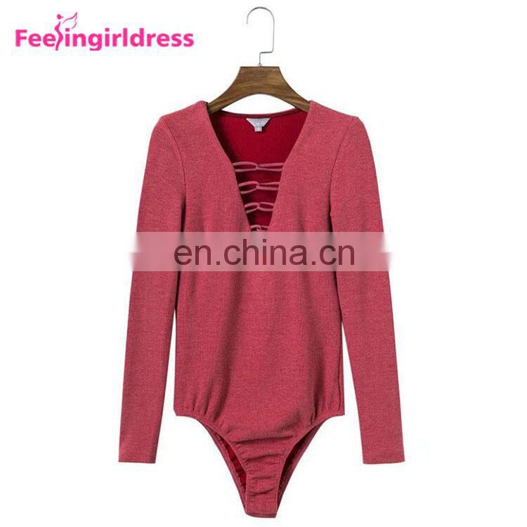 Latest Design Big Stock Dark Red Knitting Bodysuit Long Sleeves Women Sexy Jumpsuits Rompers