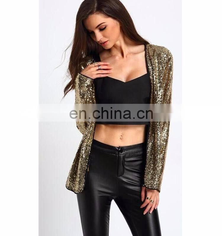 new gold collarless sequined pant design coat women