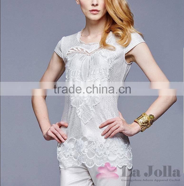 Lastest Summer Fashion Ladies Lace macrame short sleeves T-shirt 131