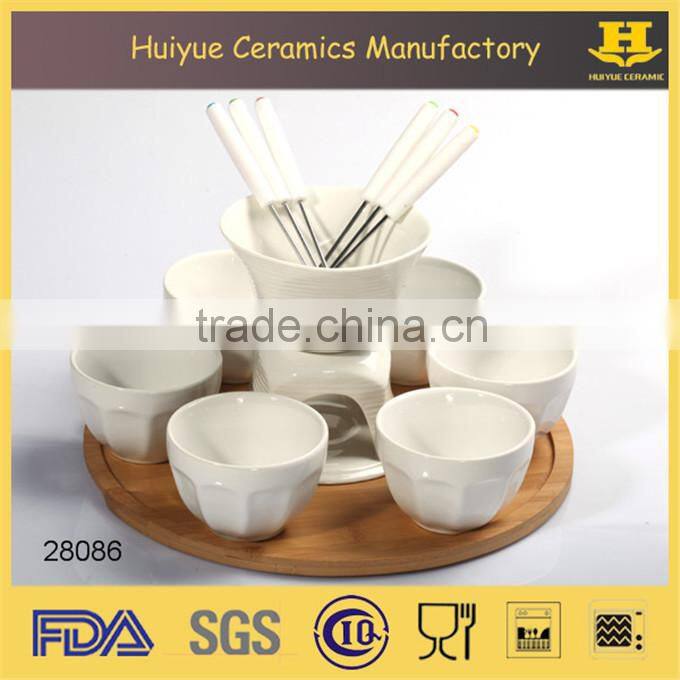 ceramic chocolate fondue set with bamboo base