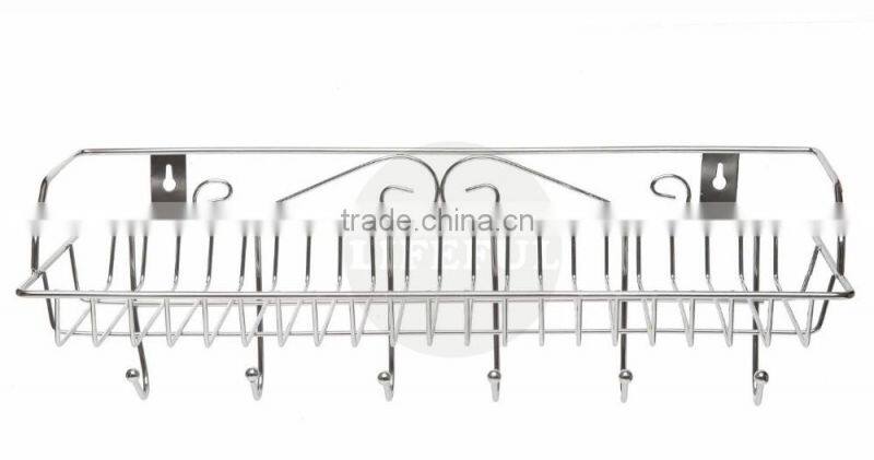 Metal Wall Mounted Organizer Hanger / Storage Rack w/ Top Basket Shelf, 6 Utility Hooks