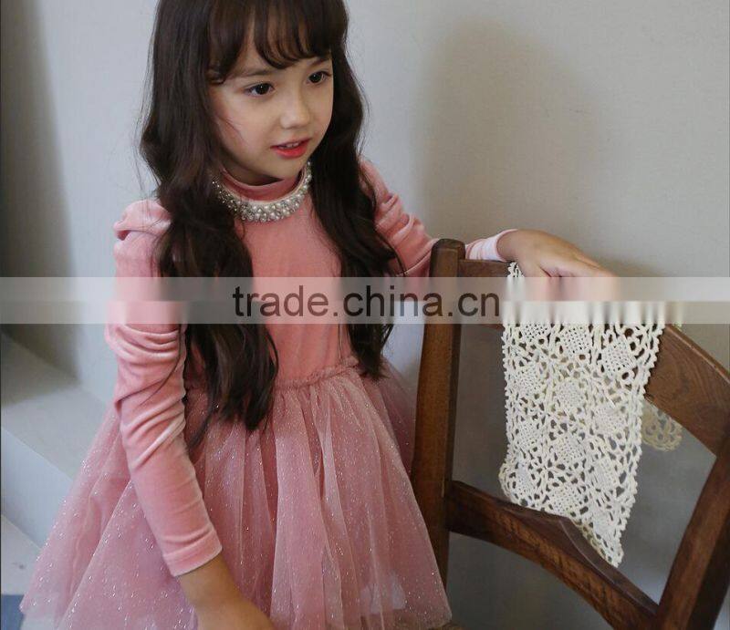 pearl neck long sleeves baby girls dresses velvet