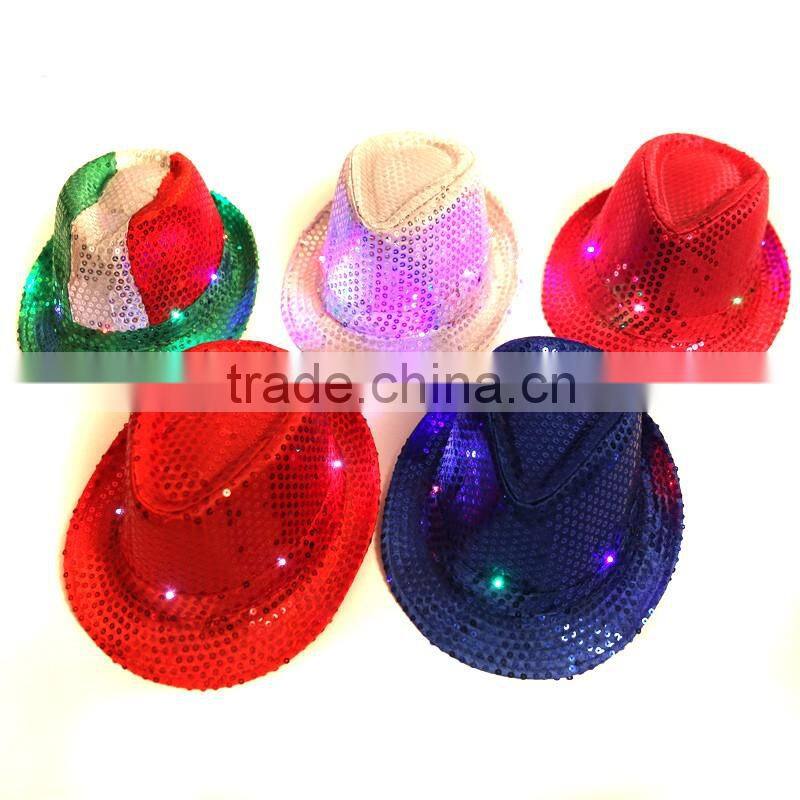 Cheap black personalized birthday glitter caps red gold kids costome mens funny led light up flashing sequins fedora party hats