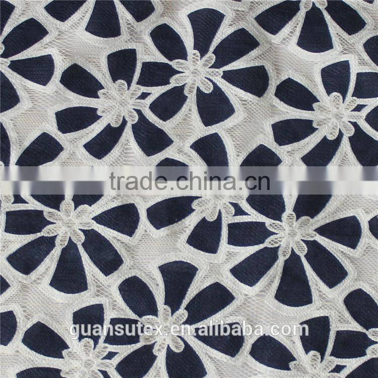 Navy blue flower lace fabric with white holes