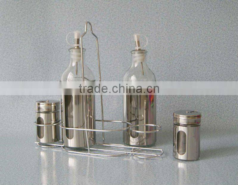 set 5 shining stainless steel coated glass cruet with metal rack