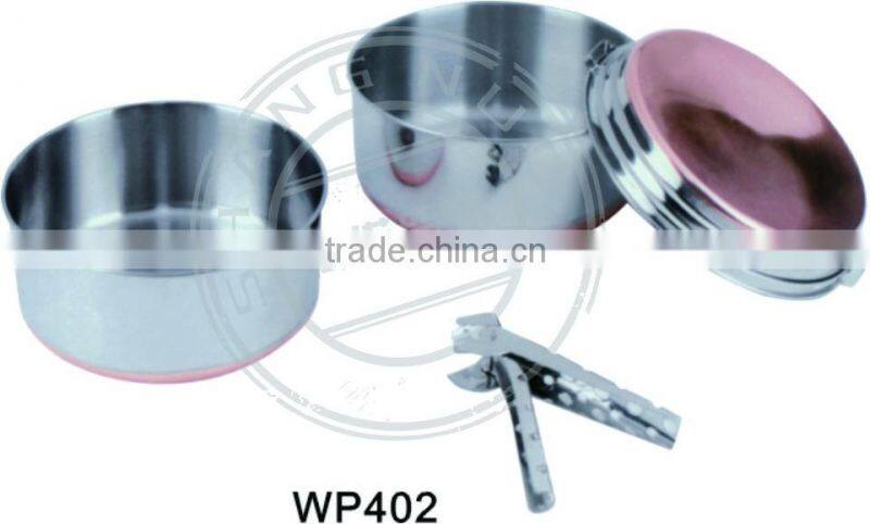 Convenient deep camping pot and fry pan and bowl for 2 people