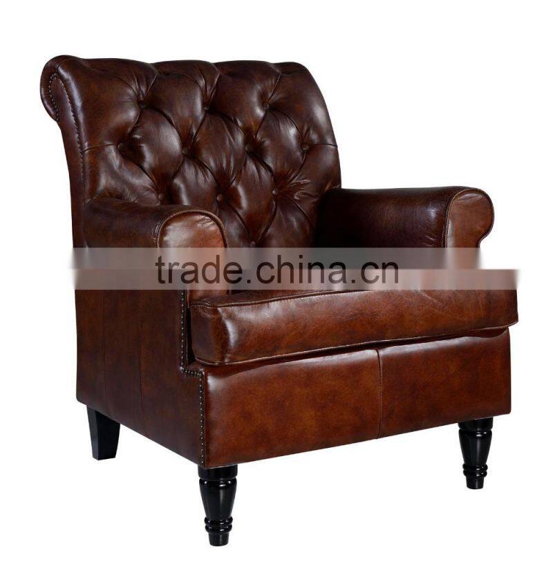 French Style Brown Genuine Leather Tufted Leather Sofa/Chesterfield Arm Chair For Living Room