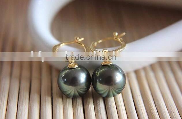 18K Gold 13-14mm Peacock Tahiti Pearl Earring Jewellery For Lady