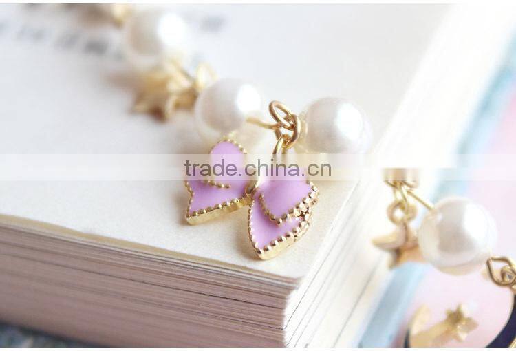 gold cat moon star enamel bowknot heart shape key charms bracelet pearl bead linked bracelet