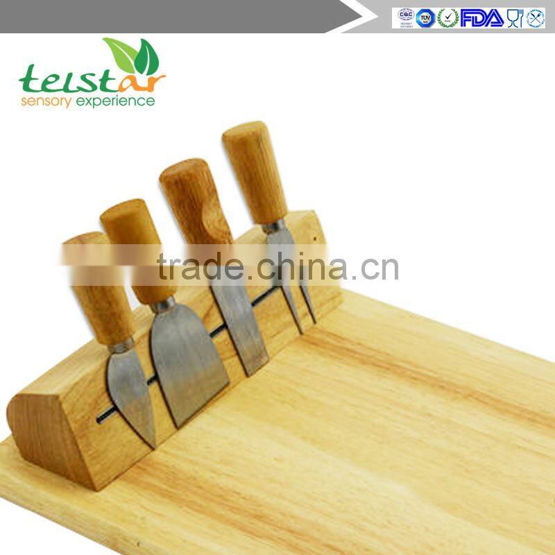 Manufacturer for bamboo & wooden products rubber wood cheese board with 4knives set cheese knife set cheese board set