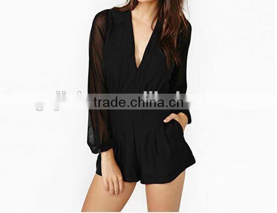 Sexy Ladies Women Jumpsuit Career Long Sleeve Chiffon Rompers Casual Short Pant Deep V-Neck Jumpsuit