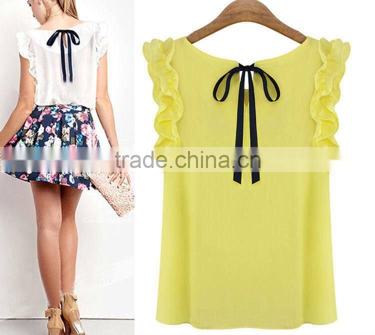 Plus Size Ladies Blouses 2015 New Summer Women Blouse O-Neck Lotus Leaf Casual Shirt Women Clothing Lacing Bow Chiffon Blouse