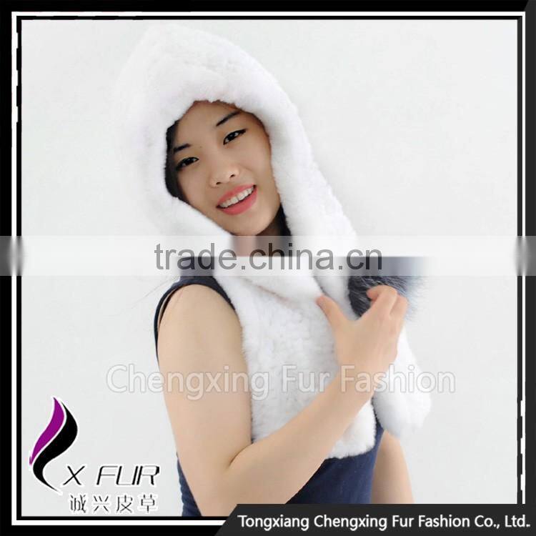 CX-C-242D Women Fashion Fur Hooded Scarf Winter Rex Rabbit Fur Hat