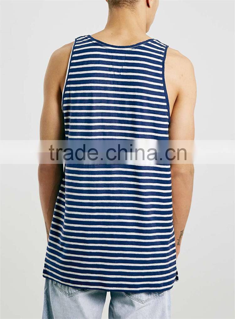 White and navy striped custom design mens gym singlets