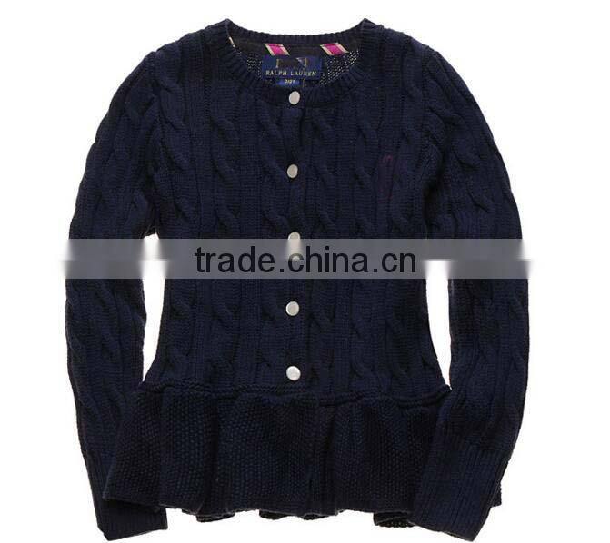 latest children girls cable knit ruffle buttom down long cardigan sweater