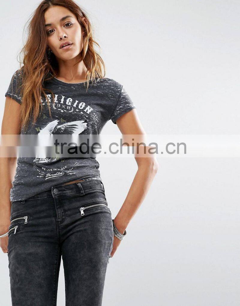 2016 new product custom t-shirt 50% Cotton 50% Polyester T-shirt for girls black skull print