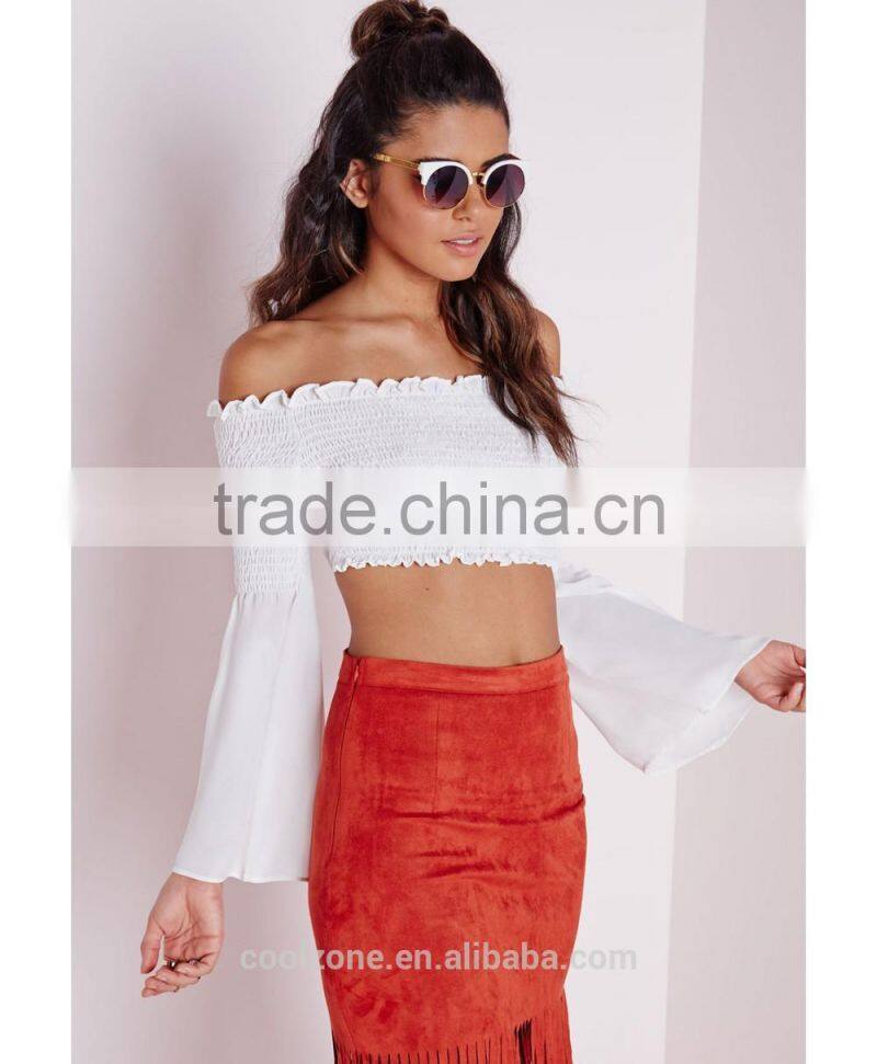 2015 New style long sleeve crop top wholsale off shoulder top