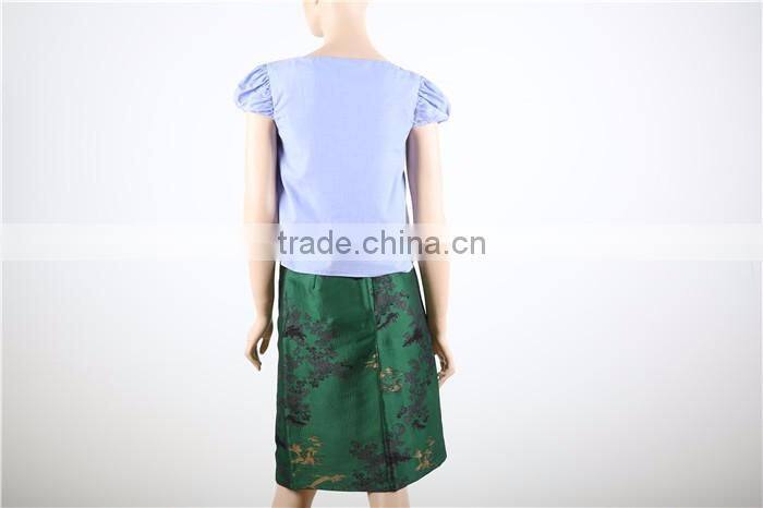 short sleeve blue women fashion cutting blouse with side zipper