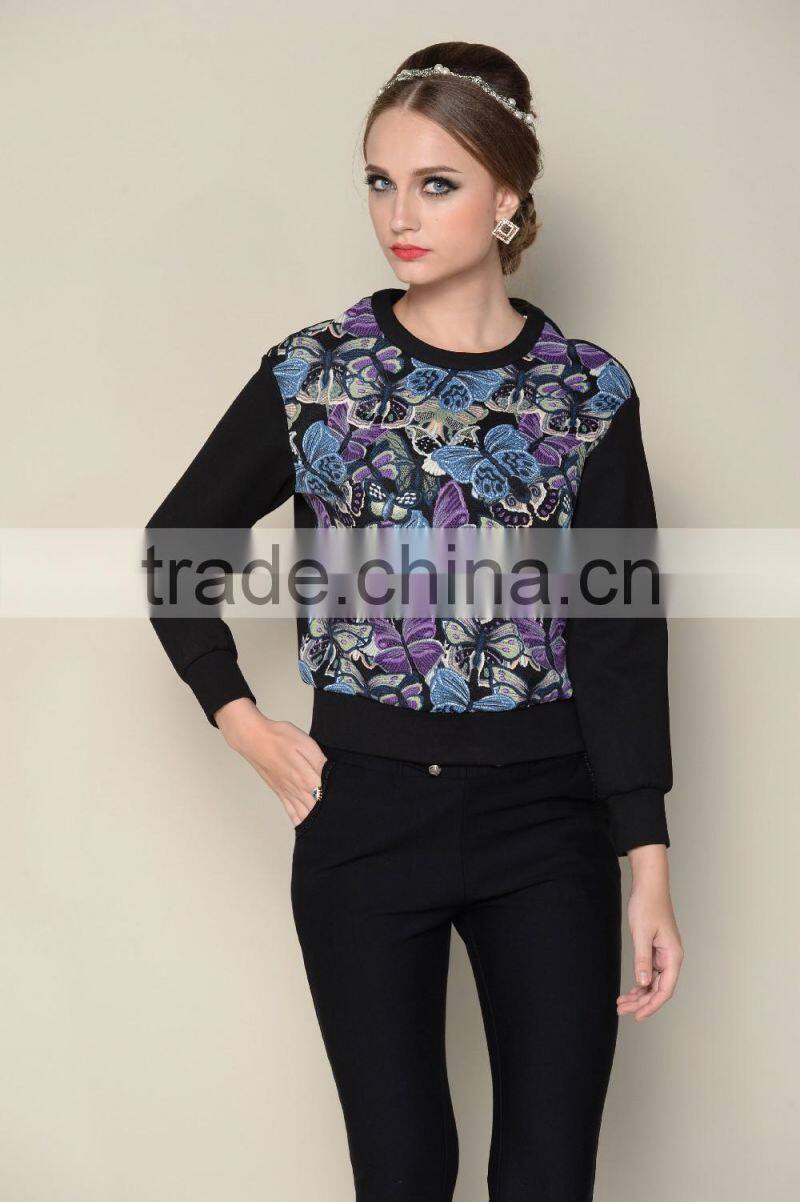 latest black long sleeve floral printing women designer blouse patterns