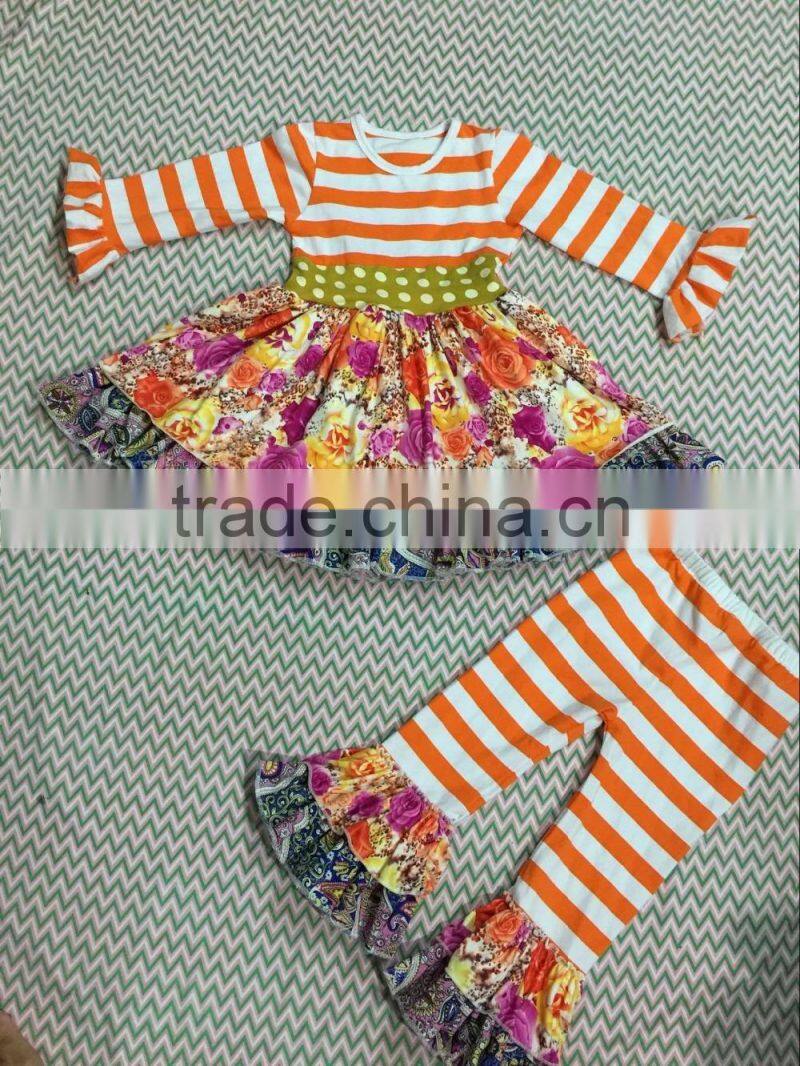 2015 baby stripe top flower dress and stripe ruffle pants baby clothing set baby dresses YW-075