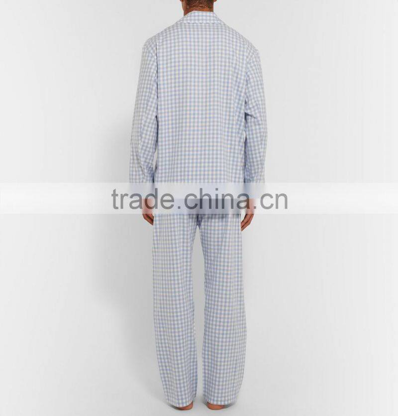 Light Blue and White Checked Men Loungewear Set Long Sleeves Shirt and Trousers