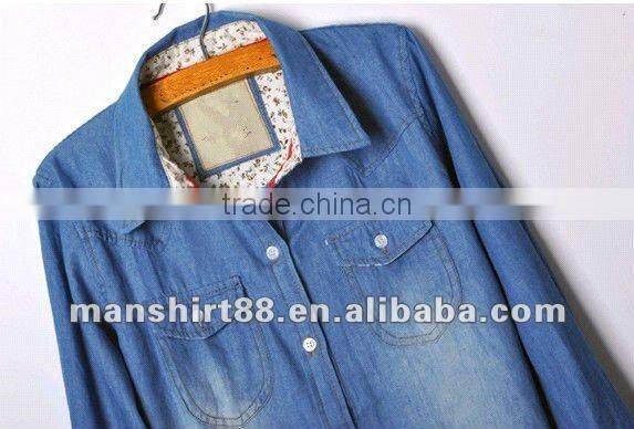 Elegant European&American classic style 100% Cotton Light bule Denim/Retro shirt for Women/Ladies with S,M,L,XL,XXL