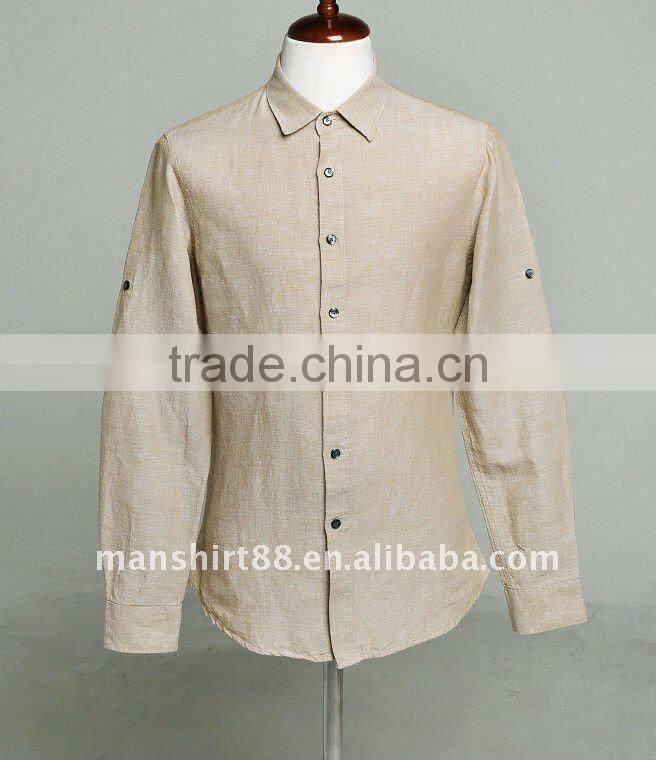 mens linen slim fit beige long sleeve dress shirt