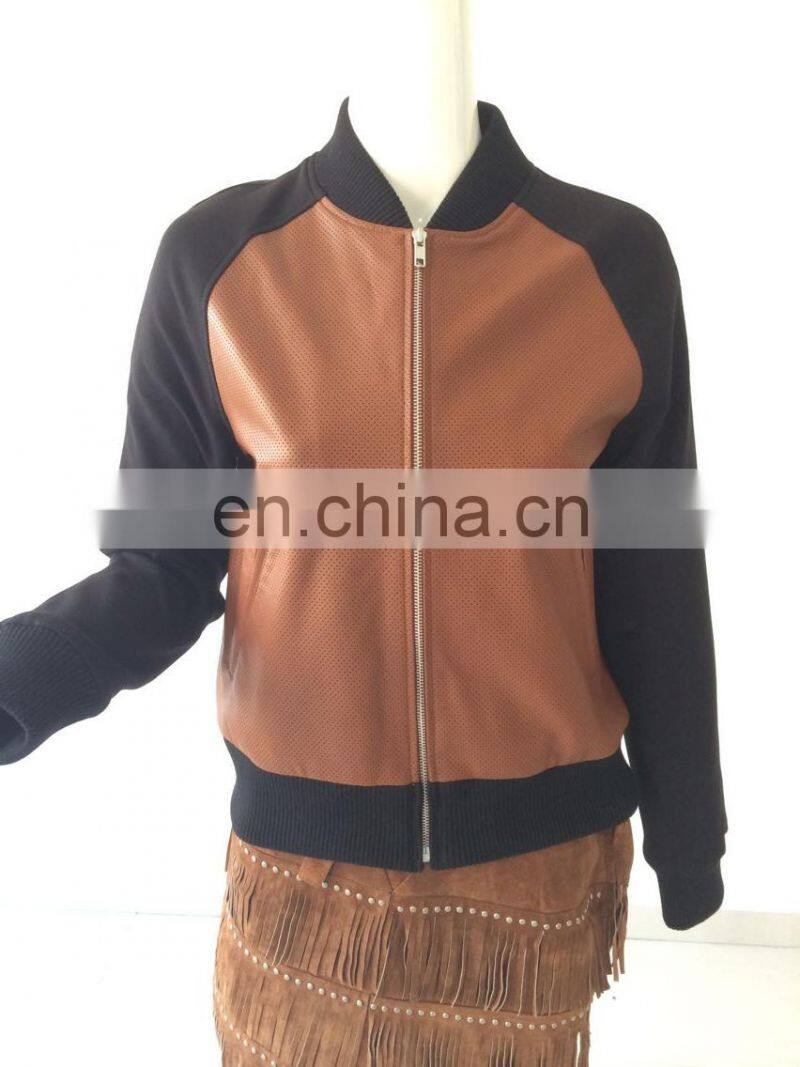 Womens sheep leather punching jacket with pontie sleeve
