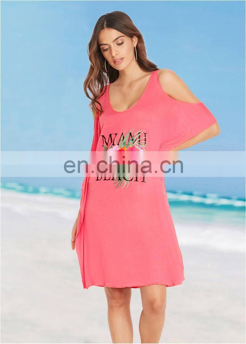 2019 Sexy Cold Shoulder Bikini Cover Ups Casual Miami Beach Letters Printed Summer Dress Women Beachwear Swimsuit Cover Up